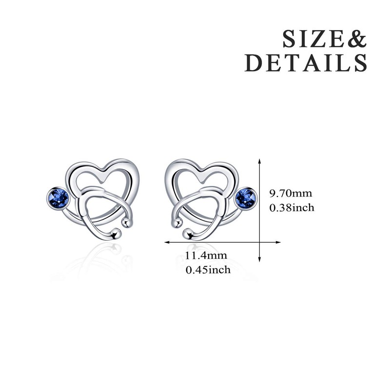 Nurse Earrings Sterling Silver Stethoscope Earrings Simulated Sapphire Birthstone Studs