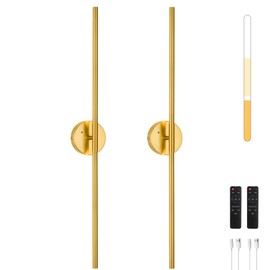 Battery Operated Wall Sconce Set of 2, 24 Inch Wireless Rechargeable Wall Lights with Remote Control, 350° Rotate Dimmable 3000K-6000K LED Wall Lamps with Timer for Living Room, Bedroom, Gold