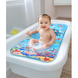Cartoon Baby Bath Mat for Kids - 40x16 in Extra Long Non Slip Bath Mat with Suction Cups & Drain Holes, Machine Washable