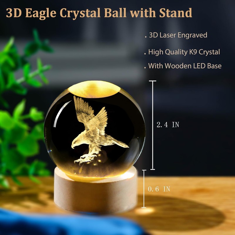 AOFEGRLT 3D Laser Etched Eagle Crystal Ball, Eagle Statue Decor