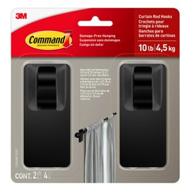 Command 10 lb Matte Black Curtain Rod Hooks, 2 Hooks and 4 Strips, No Drilling Christmas Decorations, Use with Rod Diameters 0.5-0.75"