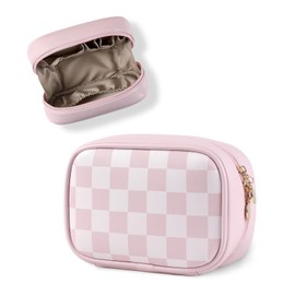 HFLZBRO Small Makeup Bag for Travel，Cosmetic Bag for Women Girl，Checkered Make up Bag organizer for Purse，Makeup Bags with Multiple Compartments，Cute & Waterproof Leather Toiletry Bag (PINK, SMALL)