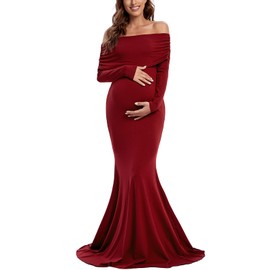 Glampunch Off Shoulders Maternity Dress Long Sleeve Ruched Maternity Gown Baby Shower Photography Pregnant Dress Wine Red