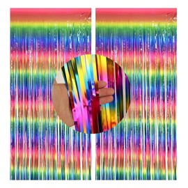 CC wonderland zone Rainbow Metallic Tinsel Curtain(1m x 2m),2 Pack Multicolor Glitter Foil Fringe Curtain for Backdrop Decorations