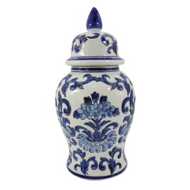 Galt International 14" Blue and White Flower & Petals Ceramic Porcelain Ginger Jar Floral Home Décor Jar Urn Shape Vase