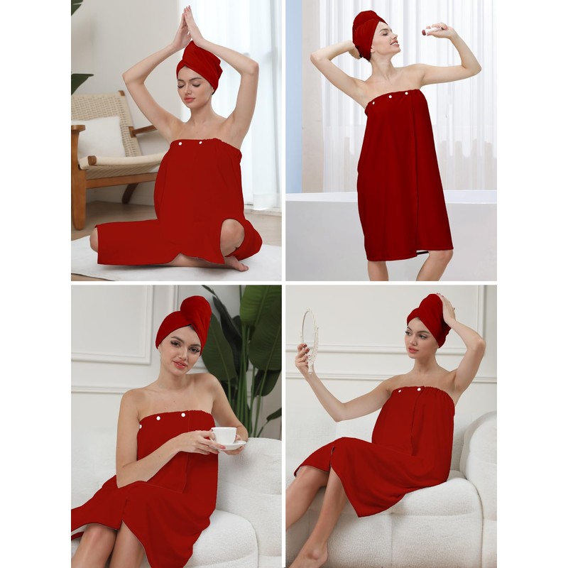 Women's Bath Towel Wrap Set with Hair Turban, Red, Microfiber,