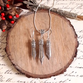 Set of Pen nib Earrings and Necklace with Silver 925 ear wires in Gold or Silver color in a Velvet pouch as a gift for writer, calligrapher (Silver)