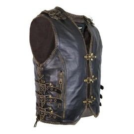 SKAF IMPEX Men's Genuine Cow Leather Heavy Buckled Zipper Braided Rocker Biker Motorcycle Vest Waistcoat XS~7XL (S)
