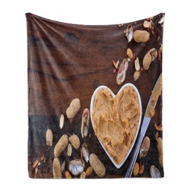 Ambesonne Peanut Butter Throw Blanket, Crunchy Peanut Butter in White Heart Shape Dish on Vintage Table, Flannel Fleece Accent Piece Soft Couch Cover for Adults, 60" x 80", Brown Pale Brown Grey