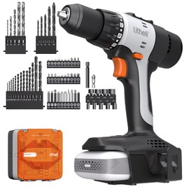 Litheli Cordless Drill 20V with 2.0 Ah Li-Ion Battery, 1/2 Inch Chuck, 64-Piece Bit Set, 443 In-lbs Max Torque, 21+1 Clutch Setting, 2 Speed for Wood/Metal/Wall, LED - Home & Garden DIY Tools