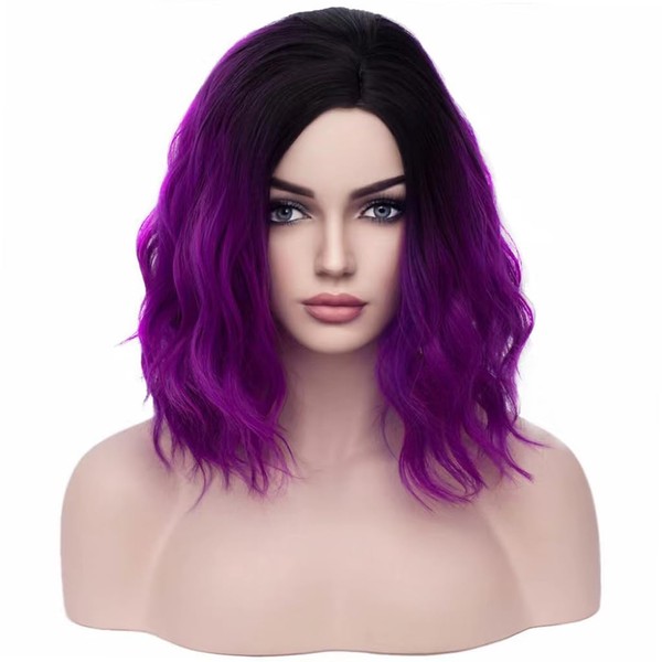 BERON 14" Purple Ombre Wigs for Women Girls Short Curly Bob Wavy Wig Dark Purple Body Wave Heat Resistant Synthetic Cosplay Daily Wigs