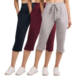Real Essentials 3-Pack: Women's Capri Open Bottom Soft Sweatpants with Drawstring (Available in Plus Size) - Set 8, S