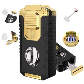 5-in-1 Multi-Functional Torch Lighter, Cutter and Lighter Set, Punch, Needle, Holder, Luxury Gifts for Men Butane Refillable Windproof Lighter for Travel Black & Gold (Butane Gas not Included)