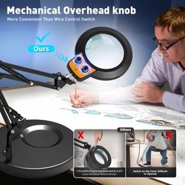 KIRKAS 12X Magnifying Glass with Light and Stand, Any Color Modes & Stepless Brightness LED Magnifying Lamp with Clamp, 2-in-1Hands Free Magnifier Desk Lamp for Repair Painting Crafts-Knob Yellow