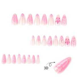 Pink Press on Nails Medium Almond Fake Nails 3D Handmade Medium 24 Pcs, Pink Butterfly Flower Pearl Designer French Nails Spring Summer Press On False Nails Daily Wear Nails fro Women