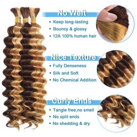 CIFENDIN Human Braiding Hair for Boho Braids 110g Color 4/27 Highlight Balayage Deep Wave Boho Bulk Human Hair for Braiding Knotless 12A Curly Wet and Wavy Bohemian Braids No Weft 3 Bundles 18 Inch