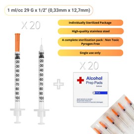 U-100 Syringes - 1ml/cc 29G 1/2" (12,7mm) Disposable Syringes + Free Alcohol Prep Pads Individually Wrapped,20 PACK (20 units + 20 pads)