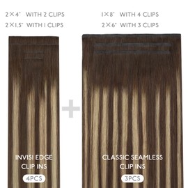 WENNALIFE Invisi Edge & Classic Seamless Clip in Hair Extensions Real Human Hair, 18 Inch 130 7pcs Balayage Chocolate Brown to Caramel Blonde Hair Extensions for Women Invisible Straight Injection