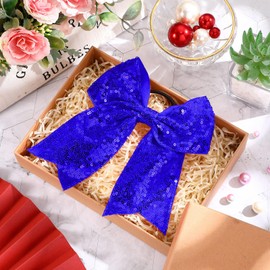 2 Packs Jumbo Cheerleading Bow 8 Inch Large Cheer Hair Bows with Ponytail Holder for Teen Girls Softball Outfit Uniform(Sequin Blue)