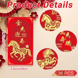 36 PCS Chinese New Year Red Envelopes for 2026 (Year of The Horse) - Lucky Hong Bao Money Envelopes with Embossed Foil Design for Spring Festival, Wedding, Birthday Cash Gifts