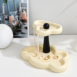 SimpleArt Ceramic Jewelry Tray,Cloud Jewelry Holder,Cloud Keyholder Perfume Trinket Dish Room Decor Aesthetic Vanity for Mother's Day Christmas Thanksgiving Birthday Gift (Cream/Black Rod)