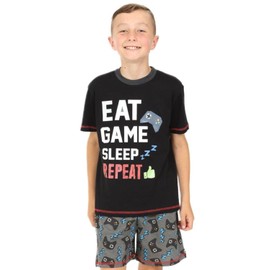 ThePyjamaFactory Boys Short Gamer Pyjamas 9 to 15 Years Black Cartoon Eat Game Sleep Controller Mid Thigh Length Short Sleeve Pull On Mid High 158 2 Count, black