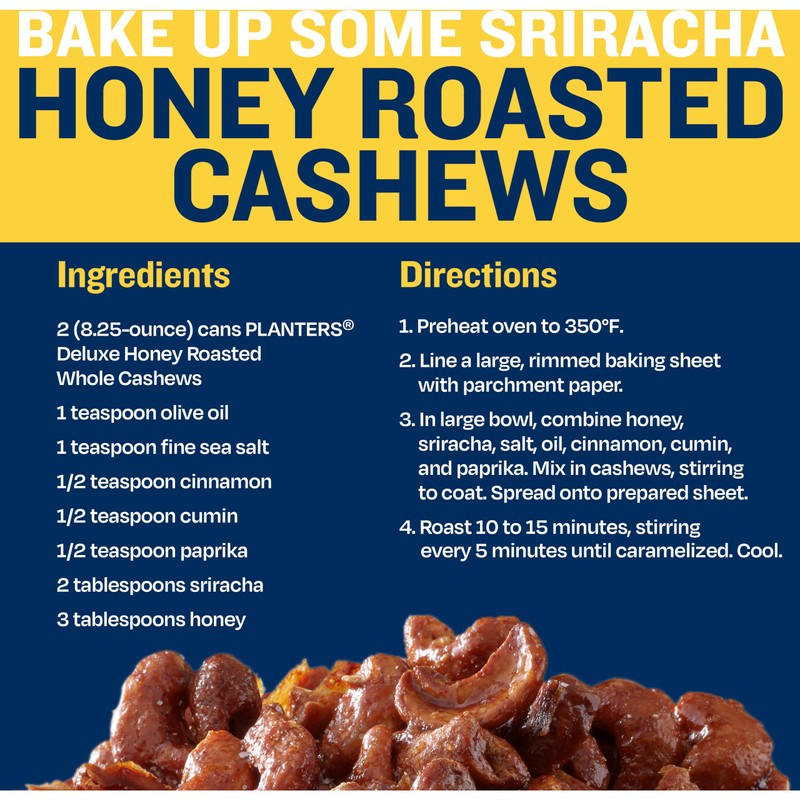 PLANTERS Deluxe Honey Roasted Whole Cashews, Party Snack, Plant-Based Protein,