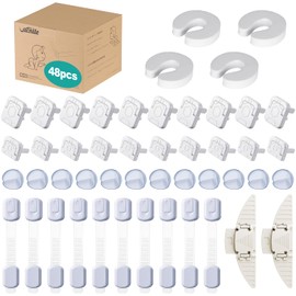 VACNITE 48 Piezas Kit de Seguridad para Bebes y Niños (12 Protectores Esquinas y Bordes, 10 Cerraduras de Cajón, 2 Herramientas Anti-apertura Ventana, 4 Retenedores de Puerta, 20 Tapones de Seguridad para Enchufes)