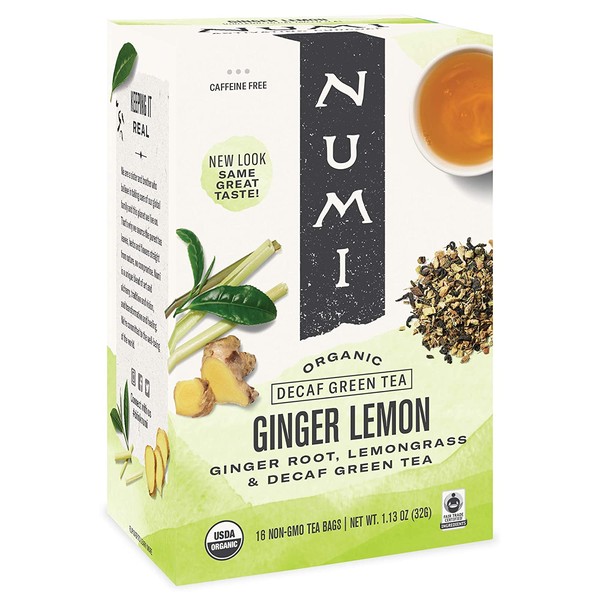 Numi Organic Tea Ginger Lemon, 16 Count (Pack of 1) Box of Tea Bags, Decaf Green Tea (Packaging May Vary)
