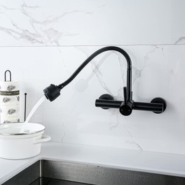 Wall Mount Faucet with Sprayer 8 Inch Center, Matte Black Kitchen Faucet with Dual Function Sprayer