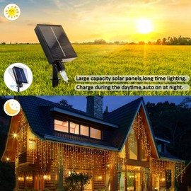 Micacorn Solar Icicle Fairy Lights with USB Charge, 5 m Waterproof, Icicle Fairy Lights, 8 Modes, 256 LEDs, 32 Pieces, Curtain Lights with Remote Control for Garden, Wedding, Party, Christmas