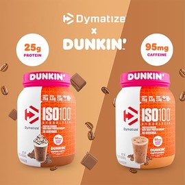 Dymatize x Dunkin' Mocha Latte ISO100 Whey Protein Powder, 95mg Caffeine, 25g of Protein, 20 Servings, 5.5g BCAAs, 120 Cal., Gluten Free, 1g Fat, 1g S