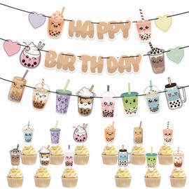 KARAQY Bubble Tea Birthday Party Decorations, Milk Tea Happy Birthday Banner 24 Pcs Cupcake Toppers for Milk Tea Theme Birthday Party Supplies