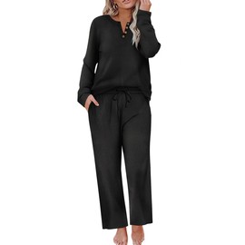 TIYOMI Plus Size 2 Piece 5X Black Long Sleeve Waffle Outfits For Women Button V Veck Suits Lounge Sets Fall Knitted Sweater Top & Wide Leg Pants 5XL 26W 28W