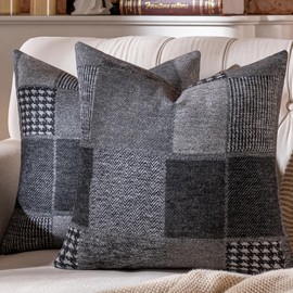 AmHoo Set of 2 Throw Pillow Covers Woolen Patchwork Checkered Farmhouse Decorative Square Pillows Cover Pillowcase for Sofa Couch Bed 18 x 18-Inch Grey