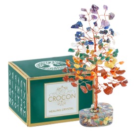 Crocon Crystals Heart Shape Base Tree 7 Chakra Healing Stones Reiki Crystals Spiritual Positive Energy Home Room Office Desk Decor Pink Gifts for Women Men & Mom Birthday Presents Unique