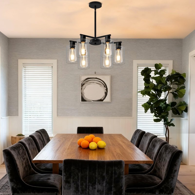 KUSSCO 6-Light Modern Chandelier Chandeliers with Clear Glass Shade, Black