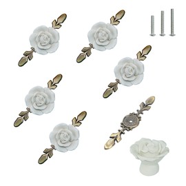Ymaiss 6 Sets of Rose Ceramic Flower Cabinet Knobs with Bronze Back Plate, Love Theme Retro Style, Vintage Kitchen Flower Drawer Pull Handles,Pulls Handles for Dresser Cupboard (White)