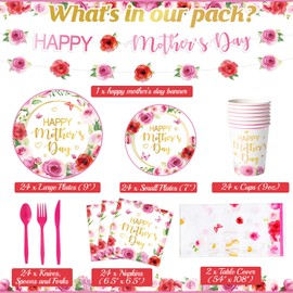 Zhehao Happy Mother's Day Party Supplies Serve 24 Mother's Day Plates and Napkins Set with Mother's Day Party Banner Plates Cups Plastic Tableware and Tablecloth for Happy Mother's Day Decoration