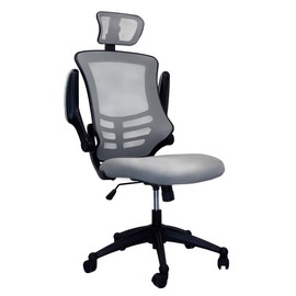 Modern High Back Mesh Executive Chair With Headrest And Flip Up Arms. Color: Silver Grey