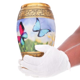 Maxclass Decorative Butterfly Urn Aluminum Funeral Ashes Urn for Adults and Pets Cremation Metal Storage with One White Pair Gloves, Lid Cremated Human Ash Remains Urn| Handicraft Items| Home Decor|