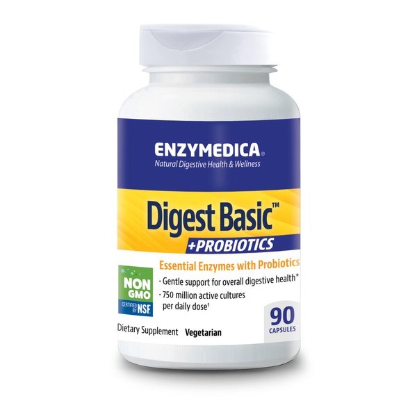 Enzymedica, Digest Basic + Probiotics, Gentle Enzymes for Digestive Health, Breaks Down Carbs, Fats and Proteins with Protease, Amylase and Lipase, 750 Million CFU, Vegetarian, 90 Capsules