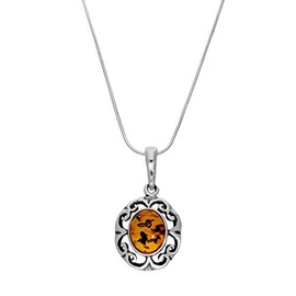 jewellerybox Sterling Silver & Baltic Amber Fancy Floral Pendant on 14 Inches Chain