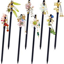 8 Pack Wooden Hair Sticks with Tassel Dangle Crystal Japanese Chinese Hanfu Hair Pins Twist Bun Holder Fork Hair Chopsticks for Women Girls Accessories