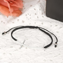 AeraVida Faith Cross .925 Sterling Silver Sideway Charm on Black Adjustable Bracelet | Classic Sterling Silver Bangle Bracelet | Vintage Bangle Bracelet | Jewelry Gifts for Women | Adjustable 6 to 9