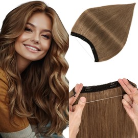 Elailite Secret Wire Clip in Hair Extensions Real Human Hair Invisible One Piece Hair Extension Headband Straight - #06 Light Brown - 14 Inch (60 g)