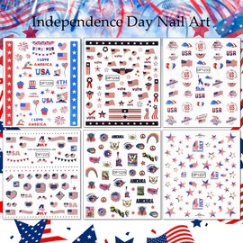 6 Sheets Independence Day Nail Art Stickers USA Flag Nail Decals 3D Self Adhesive Classics American Flag Star Heart Eagle Statue of Liberty Nail Designs Sticker for Women 4th of July Nail Decoration