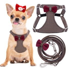 Puppytie No Pull xs Dog Harness with Multifunction Dog Leash,Soft Adjustable No Choke Escape Proof Pet Harness Vest,Knitted Brown,XXS
