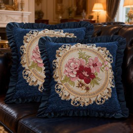 Qupace - Juego de 2 fundas de almohada azul clásico de 18 x 18 pulgadas para sofá, fundas de almohada bordadas azules para sala de estar, funda de cojín bordada floral para cama