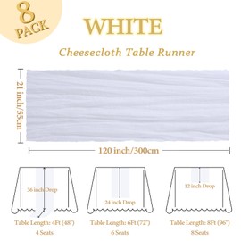 8 Pack White Cheesecloth Table Runner 10Ft Gauze Cheese Cloth Table Runner 120 Inch Boho Sheer Rustic Fabric for Summer Decor Bridal Baby Shower Wedding Centerpiece Home Table Decoration